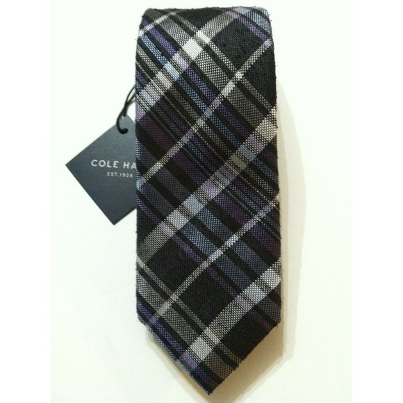 COLE HAAN MENS NEW CHARCOAL 100%SILK PLAID CLASSIC NECK TIE WIDTH: 2 7/8" - Picture 1 of 2